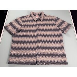 Fleece Factory Knit Shirt Mens Short Sleeve Gray Chevron Pattern Preppy - XL